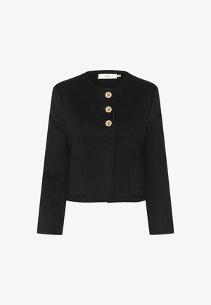 Czarna krótka kurtka wykonana z miękkiego materiału, z okrągłym dekoltem, czterema złotymi guzikami i dwiema przednimi kieszeniami.