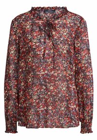 Blouse à imprimé floral en tissu transparent, manches longues avec des poignets froncés, et un col volanté avec un détail à nouer.
