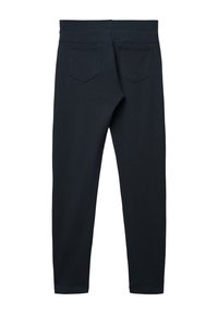 Pantaloni neri aderenti con cintura elastica e due tasche posteriori, mostrati di spalle su sfondo bianco.