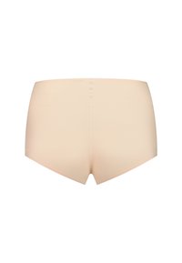 Beige shorts van een gladde, rekbare stof. Kenmerken een naadloos ontwerp en rechte snit, wat zorgt voor een strakke, eenvoudige silhouet.