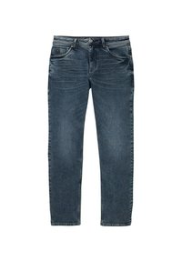 Jeans de mezclilla azul oscuro con un diseño de pierna recta, que cuentan con un estilo clásico de cinco bolsillos y un cierre frontal con botón.