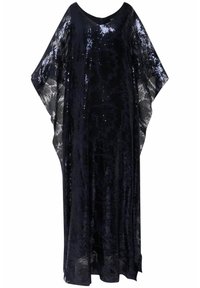 Marineblauwe kaftan gemaakt van paillettenstof; heeft een brede, losse vorm, een ronde halslijn en korte mouwen, met een subtiel patroon.