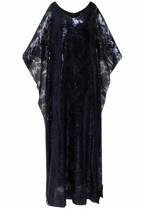 Marineblauwe kaftan gemaakt van paillettenstof; heeft een brede, losse vorm, een ronde halslijn en korte mouwen, met een subtiel patroon.