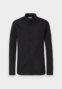 Schwarzes Langarmshirt aus glattem Stoff mit einem klassischen Kragen, Knopfverschluss vorne und taillierter Passform. Keine sichtbaren Muster oder Akzente.