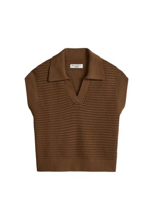 Braune gestrickte ärmellose Pulloverweste mit strukturiertem Muster, V-Ausschnitt und gerippten Abschlüssen.