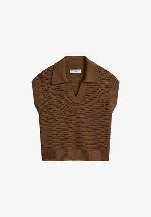 Gilet sans manches en tricot marron avec un motif texturé, col en V et bords côtelés.