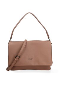 Borsa a tracolla in pelle marrone con finitura texture, dotata di tracolla rimovibile e chiusura a pattina. Logo del brand visibile sul davanti.