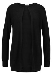 Svart öppen cardigan i strukturstickat material med långa ärmar och en avslappnad passform samt minimala sömmdetaljer.