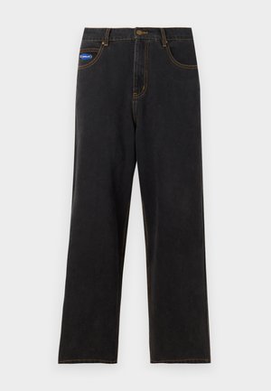 Black denim pants with straight legs, contrasting orange stitching, five pockets, and a button closure. Features a small blue brand patch.