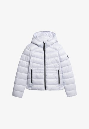 Giacca imbottita grigia chiara con cappuccio, dotata di zip frontale, due tasche laterali e dettagli neri sulle zip e sul logo.