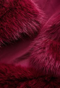 Gros plan d’un tissu en fourrure douce rouge foncé avec des fibres fines et longues sur un fond en satin lisse et assorti.