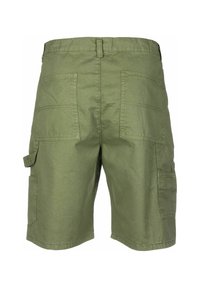 Olivgrön cargoshorts med två bakfickor och sidofickor med klaff, visade från baksidan.