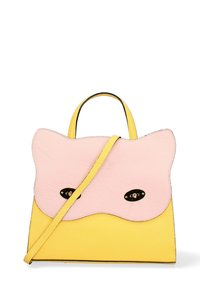 Borsa in pelle con una patta rosa dai bordi ondulati e un corpo giallo. Include manici doppi e una tracolla removibile.