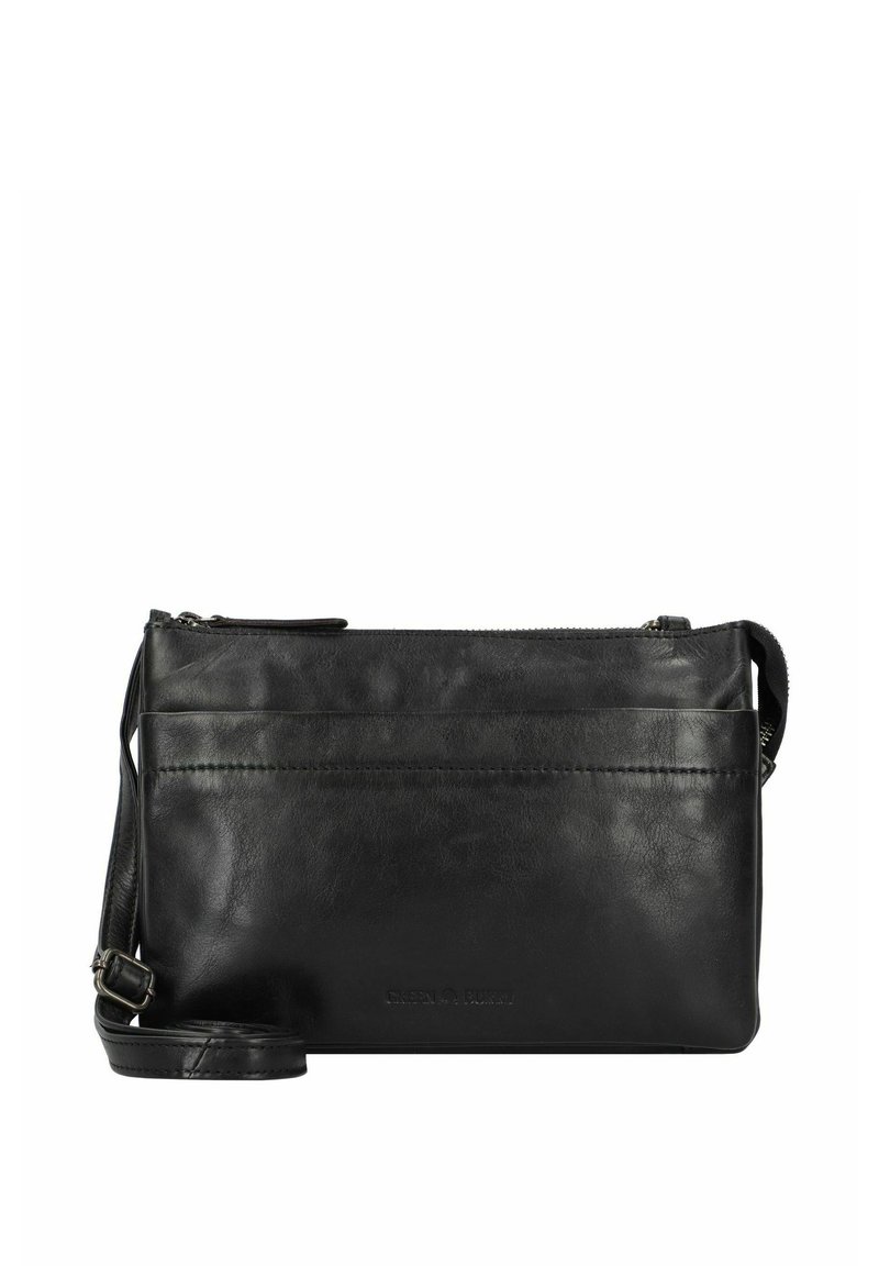 Borsa a tracolla in pelle nera con chiusura a zip, forma rettangolare, tasca frontale a soffietto e tracolla removibile. Texture liscia, design minimalista.