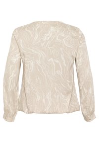 Beige dlouhý rukáv top s vlnkovým bílým vzorem, zaobleným výstřihem a knoflíkovými manžetami vyrobený z měkké strukturované látky.