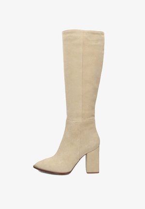 Beiger Kniehoher Stiefel aus Wildleder mit spitzer Zehe und dickem Blockabsatz.