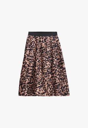 Faltenrock mit einem schwarzen elastischen Bund, der ein Leopardenmuster in Beige- und Brauntönen auf schwarzem Hintergrund aufweist.