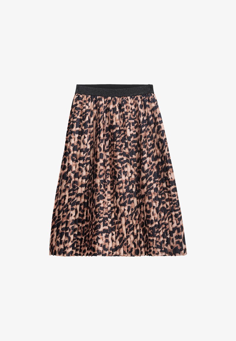 Faltenrock mit einem schwarzen elastischen Bund, der ein Leopardenmuster in Beige- und Brauntönen auf schwarzem Hintergrund aufweist.