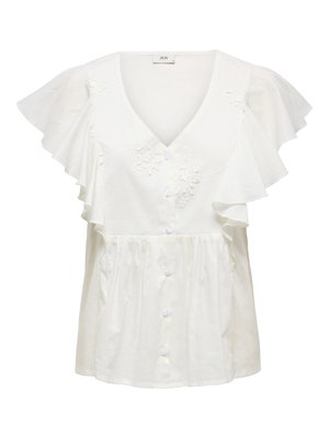 Blouse blanche avec des manches courtes à volants, décolleté en V et broderie florale. Dispose d'une fermeture à boutons sur le devant et d'une section inférieure froncée. Tissu léger.