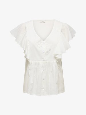 Blouse blanche avec des manches courtes à volants, décolleté en V et broderie florale. Dispose d'une fermeture à boutons sur le devant et d'une section inférieure froncée. Tissu léger.