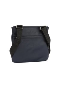 Borsa messaggera navy realizzata in tessuto liscio con chiusura a zip, dotata di tasca frontale e di una tracolla nera regolabile con logo.
