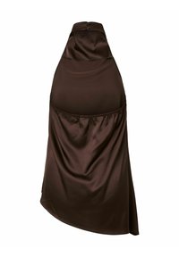 Σκούρο καφέ σατέν φόρεμα με halter neck, άνοιγμα στην πλάτη, κλείσιμο με κουμπί στο λαιμό και ασύμμετρο τελείωμα.