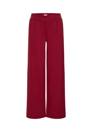 Wide-leg, high-waist pants in deep red with a smooth waistband and subtle front seam details, shown against a white background.