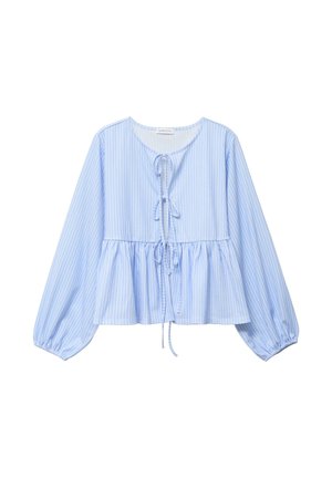 Blau-weiß gestreifte Langarmbluse mit rundem Ausschnitt, Kordelzug-Details und einem Volant-Saum. Hergestellt aus leichtem Stoff.