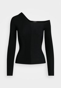 Haut noir à manches longues avec un col asymétrique unique, texture côtelée d'un côté et tissu lisse de l'autre. Coupe ajustée.