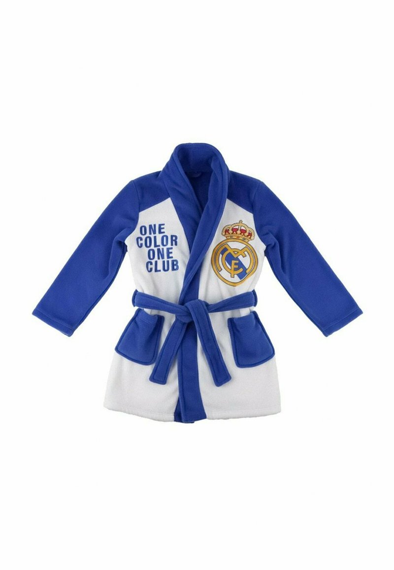 Biała szata z niebieskimi akcentami, z napisem "JEDEN KOLOR JEDEN KLUB" oraz logo Real Madrid. Wykonana z miękkiego materiału, zawiera pasek i kieszenie.