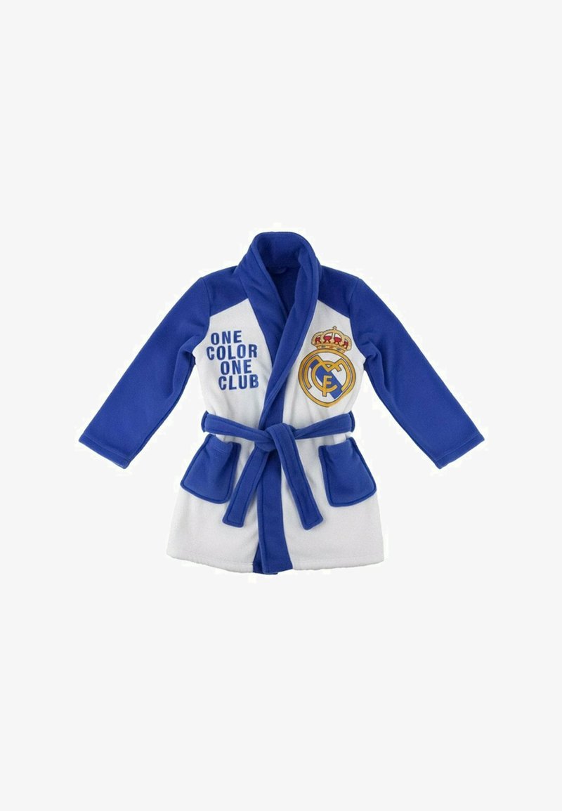 Biała szata z niebieskimi akcentami, z napisem "JEDEN KOLOR JEDEN KLUB" oraz logo Real Madrid. Wykonana z miękkiego materiału, zawiera pasek i kieszenie.