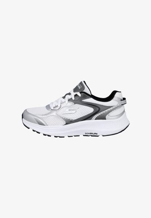 Zapatilla deportiva Skechers GOrun blanca y gris con parte superior de malla, cierre de cordones y suela acolchada para correr.