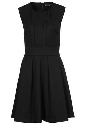 Schwarzes ärmelloses Kleid mit tailliertem Bund, plissiertem Oberteil und ausgestelltem Rock, mit Reißverschluss am Rücken.