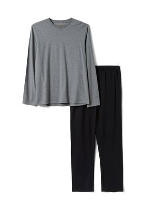 Chemise grise à manches longues associée à un pantalon noir à taille élastique, présentée à plat sur un fond blanc.