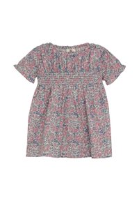 Bloemendruk jurk met korte pofmouwen, geraffineerde buste en vloeiende vorm. Kenmerkt zich door een roze en blauwe kleurenpalet met uitgebreide patronen.
