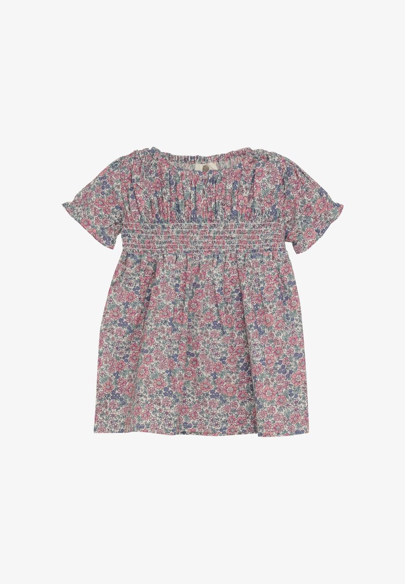 Floral print dress with short puff sleeves, gathered bodice, and flowing shape. Features a pink and blue color palette with intricate patterns.