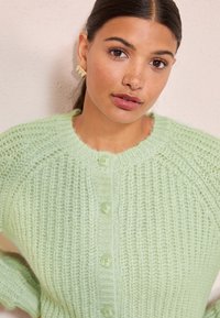 Hellgrüne Strickjacke mit strukturierter Musterung, rundem Ausschnitt und sechs Knöpfen vorne. Verfügt über Raglanärmel und eine weiche Verarbeitung.