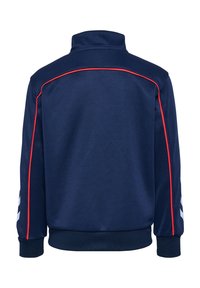 Marineblaue Trainingsjacke mit hohem Kragen, roten Nähakzenten und weißen Streifen an den Ärmeln. Weicher Stoff mit gerippten Bündchen und Saum.
