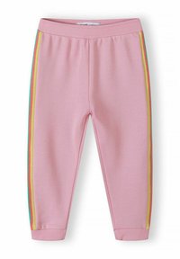 Vaaleanpunaiset pusakkahousut, joissa on ribbireunus, ja sivuilla on monivärisiä raitoja (keltainen, vihreä, punainen) sekä ribbikäsivarsit.