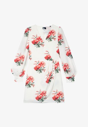 Vestido blanco de manga larga con estampado floral en tonos rojos y rosas, escote en V, puños fruncidos y botones decorativos en el lateral.