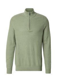 Pull-over vert clair avec col demi-fermeture éclair, texture en maille, et poignets et ourlet côtelés. Simple, sans motifs ni accents supplémentaires.