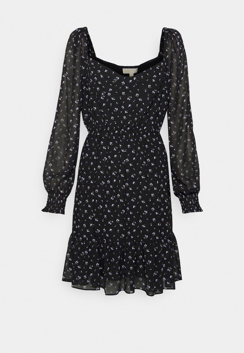 Czarna sukienka z długim rękawem, wzór w małe niebieskie kwiaty, kwadratowy dekolt, marszczona talia, bufiaste mankiety i falbaniasty dół.