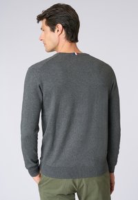 Maglione grigio a maglia con maniche lunghe, colletto rotondo e polsini a coste. Presenta un piccolo accento tri-colore sul colletto posteriore.