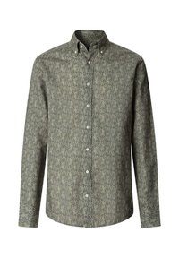 Košile s dlouhým rukávem na knoflíky v olivově zelené barvě s jemným světlým květinovým vzorem a límcem na knoflíky.
