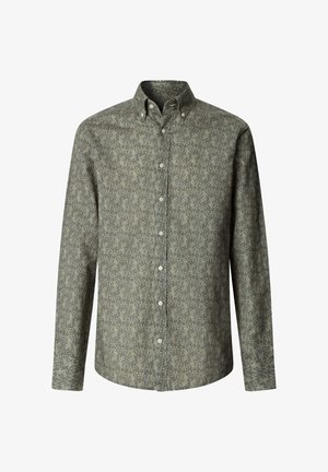 Overhemd met lange mouwen en knopen in olijfgroen met een subtiel licht bloemmotief en een bevestigd kraagje.