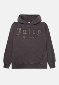 Sivý pulóver s kapucňou a klokannou vreckom, s nápisom "Juicy Couture" v ozdobnom písmene na prednej strane. Mäkká textúra, voľný strih.
