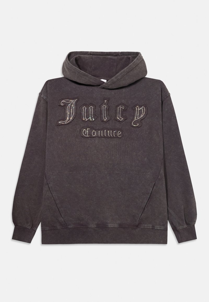 Sivý pulóver s kapucňou a klokannou vreckom, s nápisom "Juicy Couture" v ozdobnom písmene na prednej strane. Mäkká textúra, voľný strih.