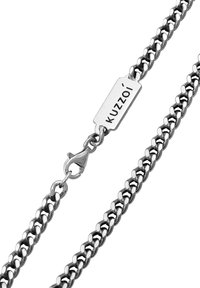 Stainless steel chain necklace with polished links, featuring a clasp and a small tag inscribed "Kuzzoi". Color: silver.