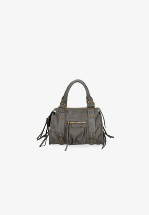 Gray suede handbag with double top handles, zip closure, front pocket, and fringe details. Features gold-tone hardware and stud accents.
