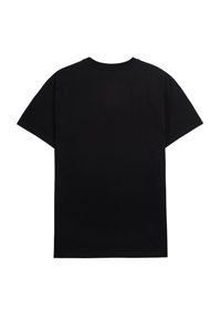Čierne tričko s krátkym rukávom vyrobené z bavlny. Má okrúhly výstrih, voľný strih a hladkú štruktúru bez viditeľných vzorov alebo grafiky.